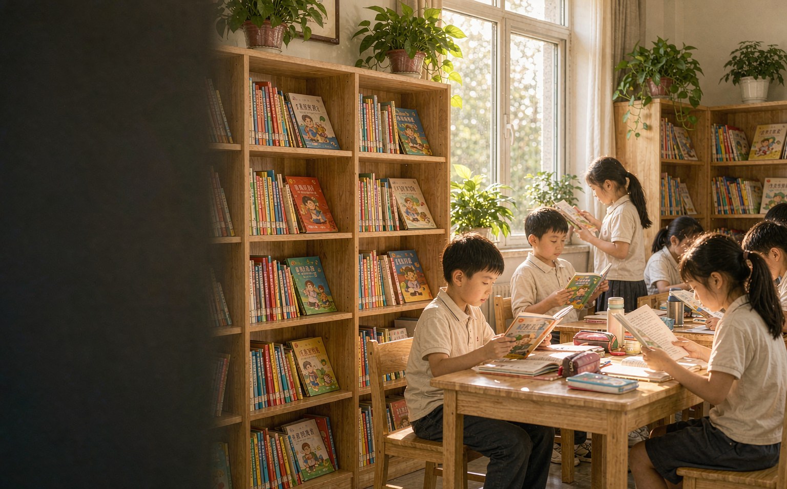 小学生在校园图书角的木质书架旁安静阅读